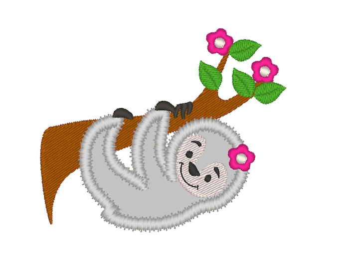 Sloth girl Sloth with flower hanging on tree branch Cute Sloth Applique machine embroidery designs for hoop 4x4, 5x7 kids girl baby