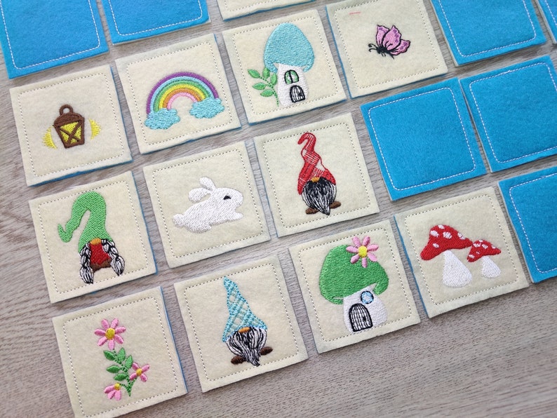 Memory game "Gnomes" machine embroidery designs In the hoop INSTANT DOWNLOAD for hoop 4x4, 5x7 or 6x10 kids match game gnome, bunny, flower rainbow, butterfly by Artapli embroidery formats PES HUS JEF EXP DST VIP VP3 XXX instant download