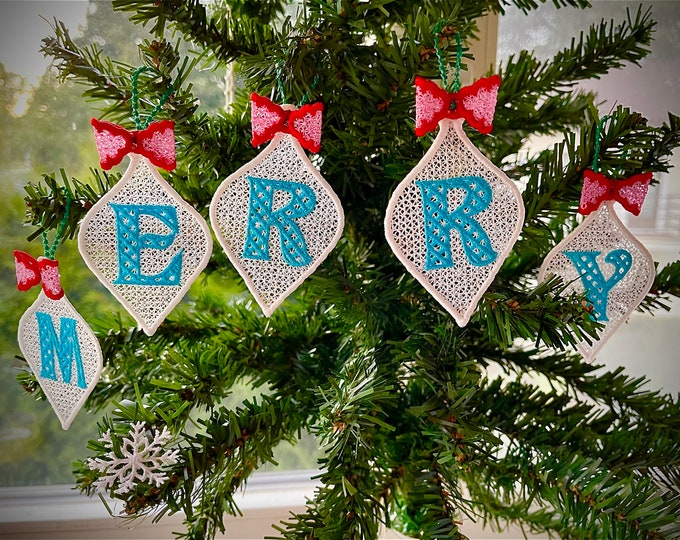 Christmas Alphabet monogram Ornaments and unique hanger bow ribbon FSL free standing lace SET Snowflake machine embroidery designs classic