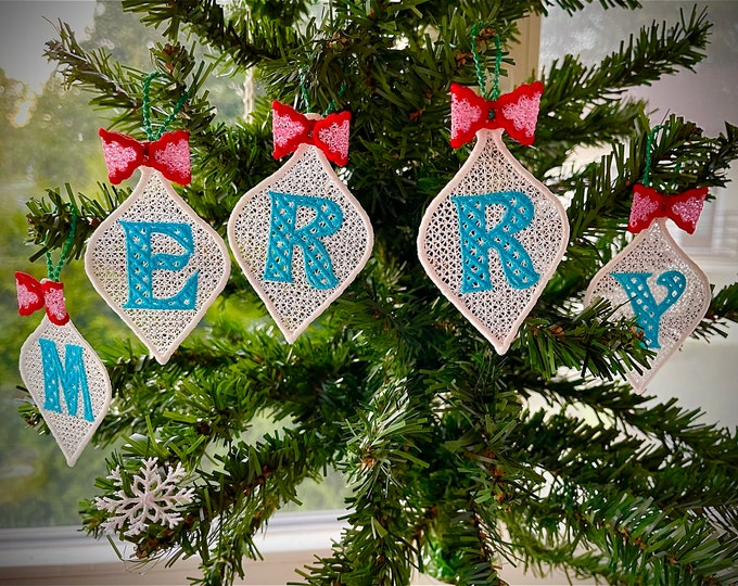 Christmas Alphabet monogram Ornaments and unique hanger bow ribbon FSL free standing lace SET Snowflake machine embroidery designs classic