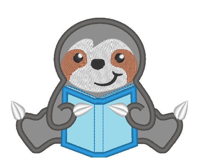 Sloth Reading book, sloth with book, book, sloth applique - machine embroidery design - 4x4, 5x7