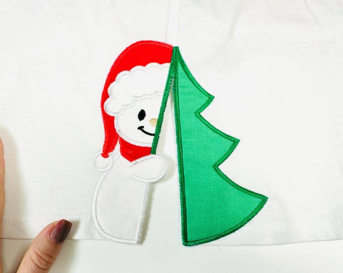 Merry Christmas Snowman side bow split side seam machine embroidery designs sweatshirt t-shirt festive Christmas Tree holidays Peeking