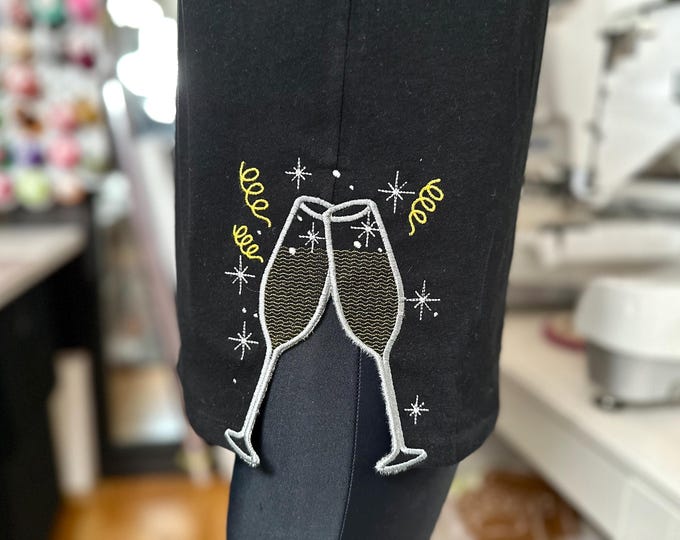 Champagne Cheers side bow split seam Applique machine embroidery designs festive holiday sweatshirt t-shirt wine New Year glass