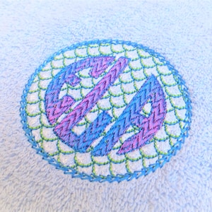 Gradient Iridescent 2 Color Mermaid circle Monogram Frame and new circle Font Embroidery designs hoop 4x4, 5x7, NO special thread required