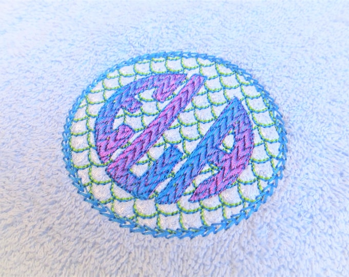 Gradient Iridescent 2 Color Mermaid circle Monogram Frame and new circle Font Embroidery designs hoop 4x4, 5x7, NO special thread required