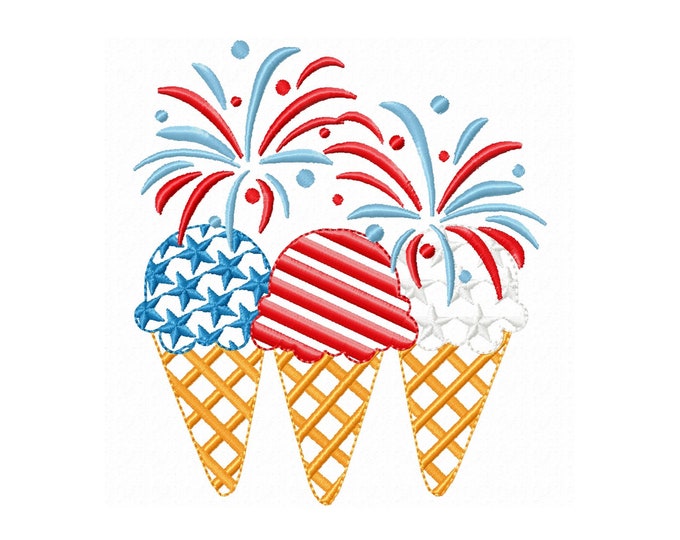 Patriotic Fireworks and 3 ice cream waffle cones in a row machine embroidery designs in assorted sizes 4, 5, 6 inches Independence Day
