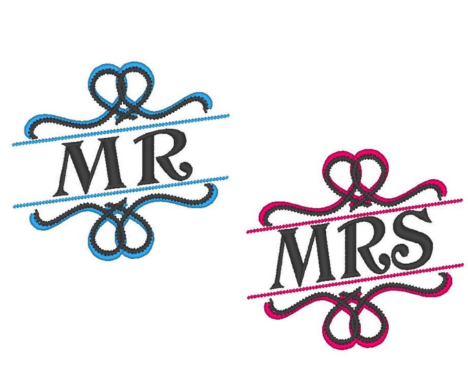 Mr and Mrs - old-fashioned, asymmetrical - great for wedding gifts - machine embroidery designs - 4x4, 5x7