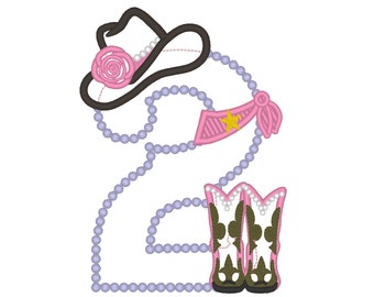Lady Cowboy Birthday number TWO 2 - one number - machine embroidery applique designs hoop 5x7 farm girl baby cowgirl second birthday party