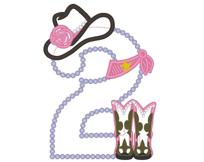 Lady Cowboy Birthday number TWO 2 - one number - machine embroidery applique designs hoop 5x7 farm girl baby cowgirl second birthday party