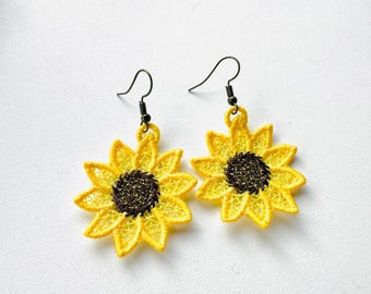 Sunflower charm earrings FSL freestanding lace machine embroidery designs ids girls pretty earrings simply in the hoop ITH project gift idea