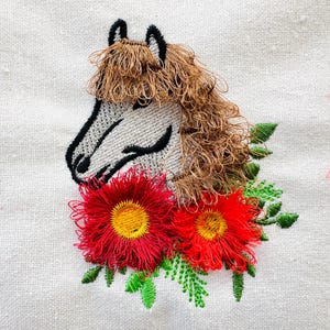 Horse fringed fluffy hair chenille farm animal and fringe Flowers machine embroidery designs fringe fur in the hoop sizes 3.5 and 4 inch