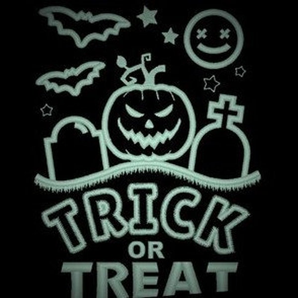 Trick or treat Glow in the dark special machine embroidery designs applique Halloween full moon creepy tombstone pumpkin lantern-O-Jack bat
