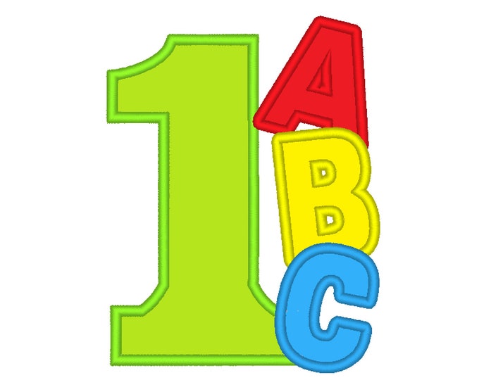 ABC  Birthday number ONE 1, alphabet, school birthday numbers outfit ABC with numbers for hoop 4x4, 5x7 applique machine embroidery design