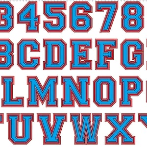 May include: A set of blue and red outlined uppercase letters and numbers in a varsity style font. The letters and numbers are outlined in red and filled in with blue.