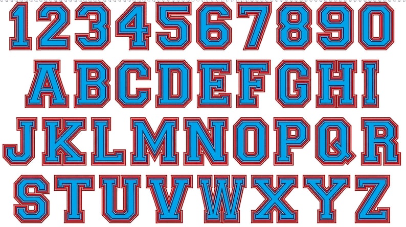 May include: A set of blue and red outlined uppercase letters and numbers in a varsity style font. The letters and numbers are outlined in red and filled in with blue.