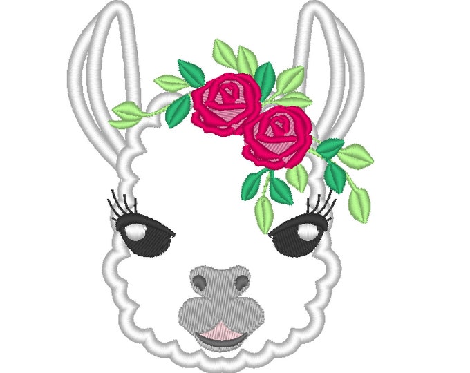 Llama or alpaca head with little roses crown machine embroidery designs applique embroidery llama face