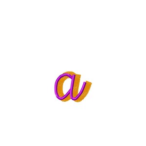 May include: A purple letter "a" embroidered in a cursive font with a thick orange outline.