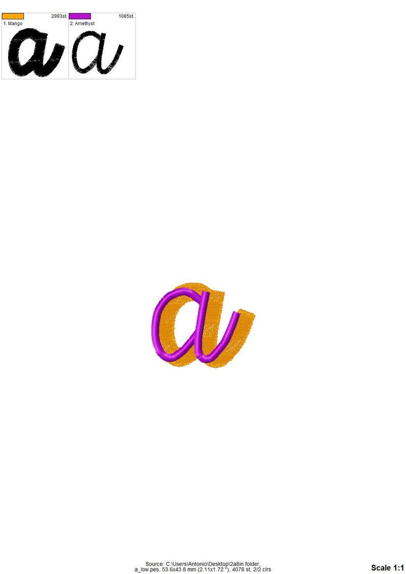 May include: A purple letter "a" embroidered in a cursive font with a thick orange outline.