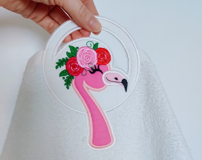 Beautiful Flamingo head floral roses crown bath terry towel topper hanging hole in the hoop ITH machine embroidery designs hoop 5x7 and 6x10