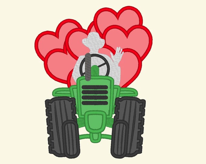 Valentine Day Tractor bringing Hearts Applique Farm vehicle Tractor machine embroidery designs multiple sizes for hoop 4x4, 5x7 and 6x10