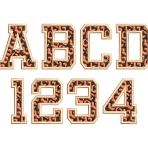 May include: A set of felt letters and numbers in a leopard print design. The letters are A, B, C, and D. The numbers are 1, 2, 3, and 4. The letters and numbers are outlined in a cream color.