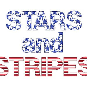 Puede incluir: Gráfico de texto Stars and Stripes en rojo y azul. La palabra "Stars" está llena de estrellas azules sobre un fondo blanco. La palabra "and" está llena de estrellas azules sobre un fondo blanco. La palabra "Stripes" está llena de rayas rojas y blancas.
