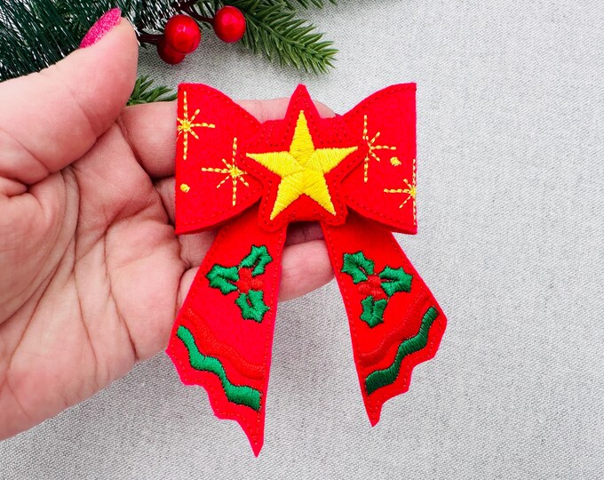 Christmas Star Bow 3D dimensional machine embroidery designs felt feltie design simply in the hoop ITH project kids girls accessory ornament