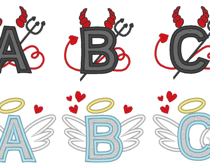 DISCOUNT 30 %  Devil and Angel whole alphabet, font, monograms, machine embroidery applique designs, 2 types, multiple sizes