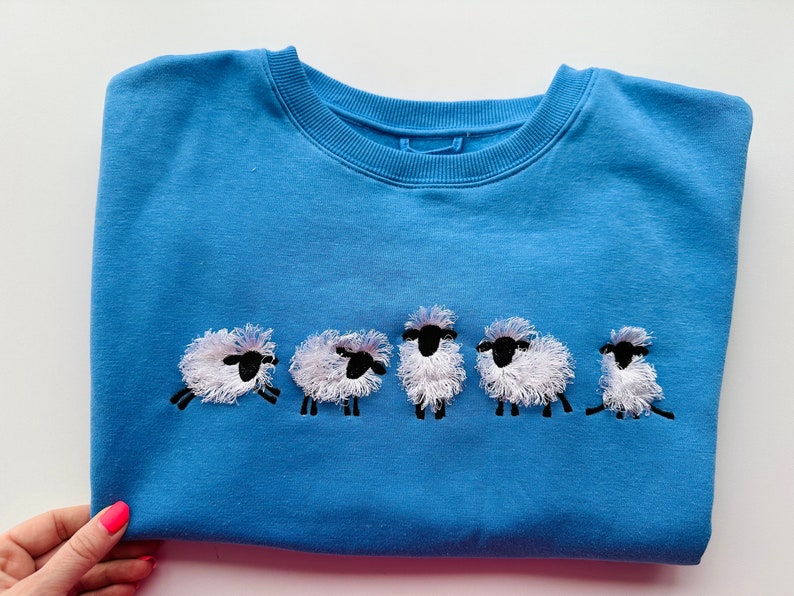 Fuzzy Sheep Lamb SET of 5 types and 5 sheep in row fringed machine embroidery designs Farm Shirt Sweatshirt embroidery Funny Animal Sweater image 2