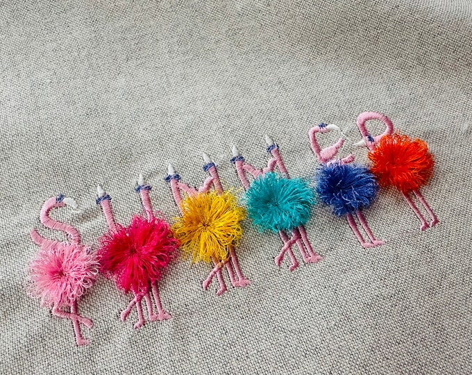 Small Font Entire alphabet Fringed fluffy chenille flamingos machine embroidery designs tiny wee flamingo fringe fur flamingo bird letters