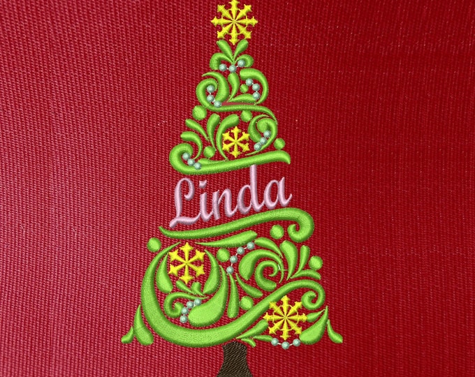 Christmas tree flag, burlap curl and swirl Split design   for hoops 4x4, 5x7, 6x10