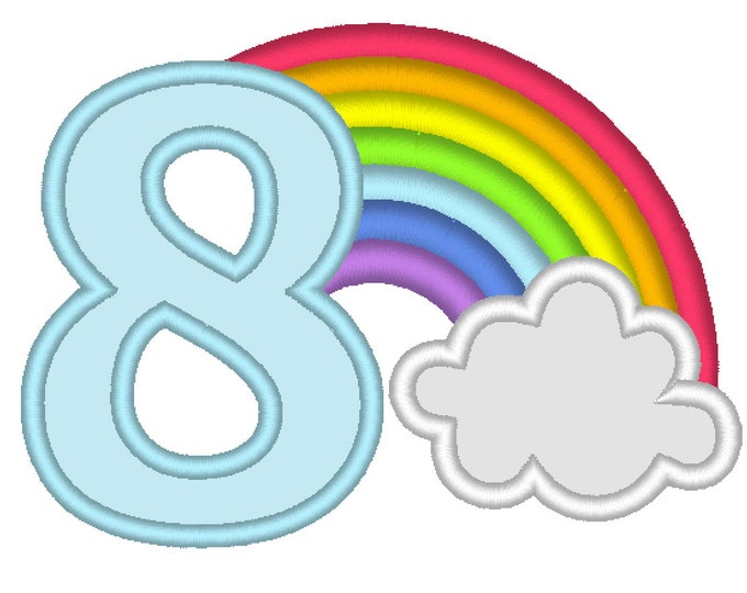 Rainbow in cloud Birthday Number 8 EIGHT machine embroidery applique designs assorted sizes, kids children kinder eighth birthday party