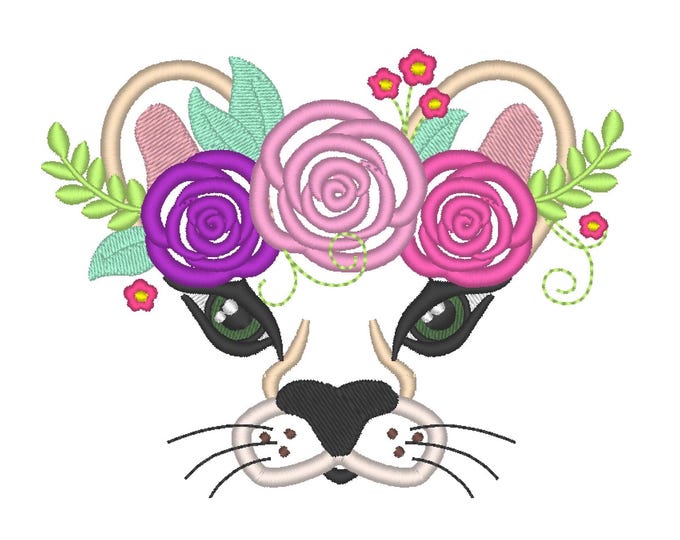 Lioness with shabby chic rose crown applique machine embroidery designs lion girl with flowers wild animal miltiple sizes