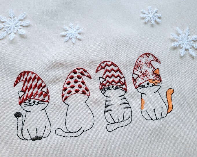 Christmas Gnome Cats, four cat gnomes in a row, sketch light stitch hand drawing silhouette outline machine embroidery designs kittie cat