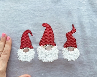 Big knit hat three Gnomes in row with fringed fluffy chenille fringe ITH in the hoop machine embroidery designs Merry Christmas Gnome Santa