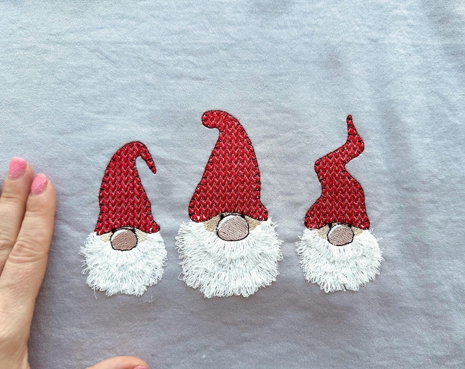 Big knit hat three Gnomes in row with fringed fluffy chenille fringe ITH in the hoop machine embroidery designs Merry Christmas Gnome Santa