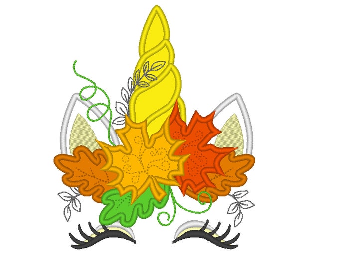 Autumn Thanksgiving leaves wreath Unicorn head with leaves applique machine embroidery designs autumn unicorn face