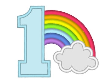 Rainbow in cloud Birthday Number 1 ONE machine embroidery applique designs assorted sizes, kids children kinder baby first birthday party