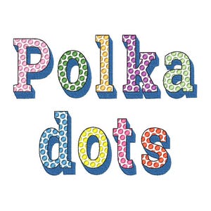 Può includere: La parola "Polka dots" è scritta in lettere colorate con un motivo a pois. Ogni lettera è contornata di blu.