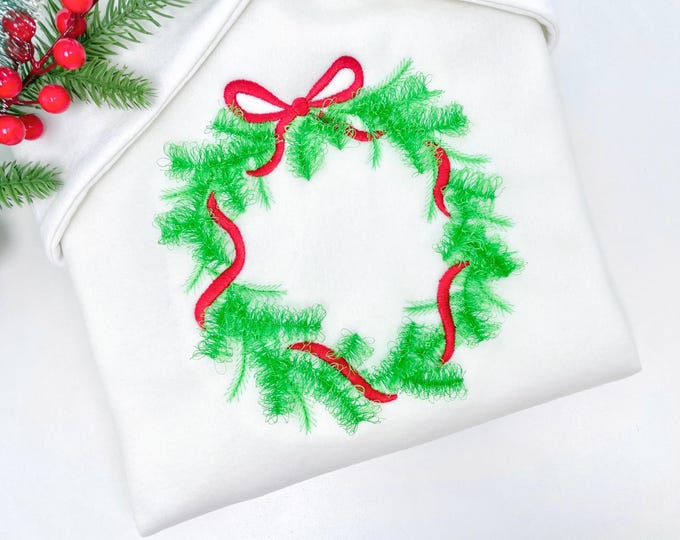Fringed Christmas Wreath machine embroidery designs fur chenille fluffy Christmas tree garland bow crown Woodland Spruce sizes 5 up to 8 in