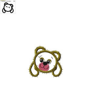 May include: A green and white embroidered teddy bear with a pink nose and black eyes. The bear is looking to the right and has its arms outstretched. The embroidery design is 8 cm wide and 3 inches tall.