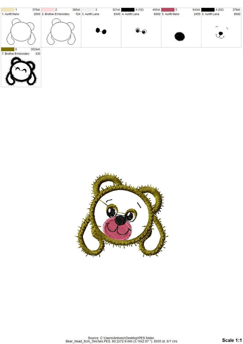 May include: A green and white embroidered teddy bear with a pink nose and black eyes. The bear is looking to the right and has its arms outstretched. The embroidery design is 8 cm wide and 3 inches tall.