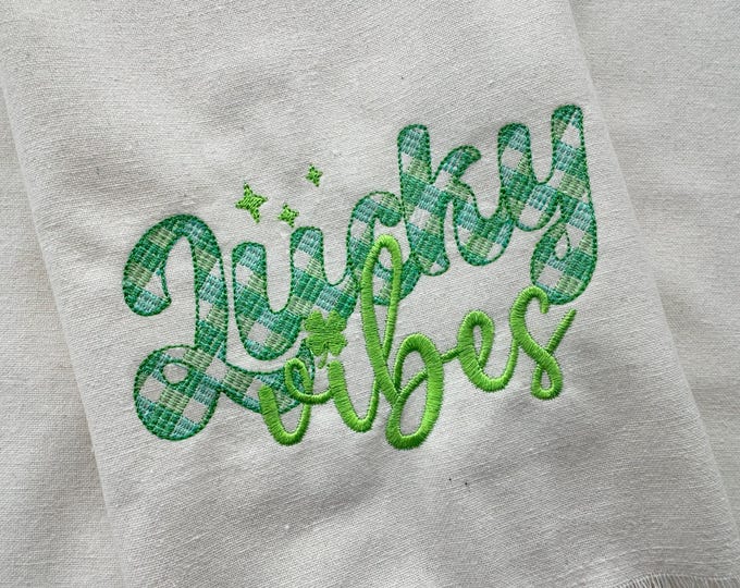 Lucky Vibes St Patricks Day saying quote Shamrock Lucky Clover gingham plaid checkered machine embroidery designs sizes 4, 5, 6, 7 inches