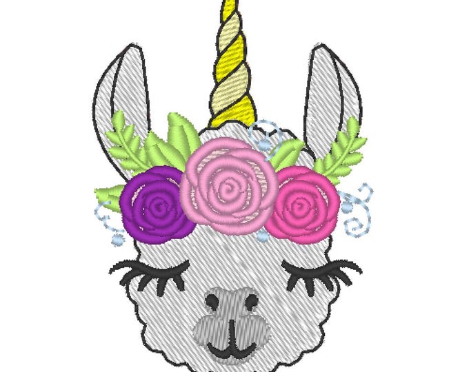 Mini Llamacorn face Llama with horn head and roses floral farm animal kids baby girls fill stitch machine embroidery designs