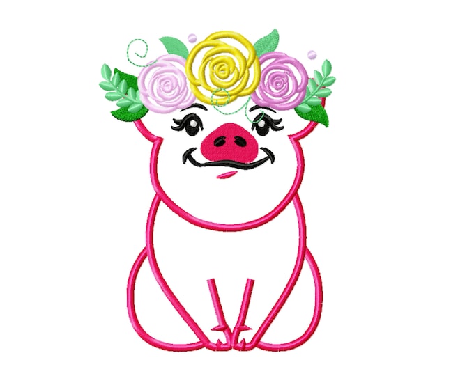 Piggie, pig roses floral crown, awesome pig heifer, farm girl pig handkerchief pig applique embroidery designs 4, 5, 6, 7, 8 and 9 inches