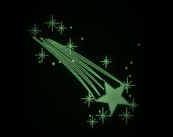 Comet, falling star glow in the dark embroidery / Glow in the dark special designed machine embroidery / sizes 4x4 and 5x7 /