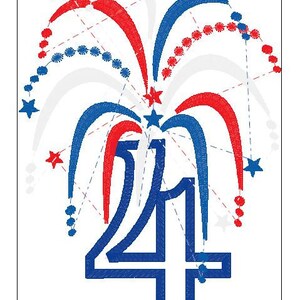 May include: A blue and red firework design with the number "4th" in the center. The fireworks are in the shape of a starburst with white, red, and blue stars.