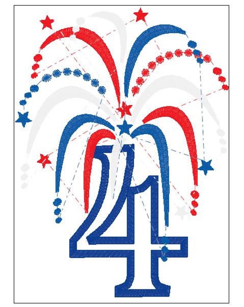 May include: A blue and red firework design with the number "4th" in the center. The fireworks are in the shape of a starburst with white, red, and blue stars.