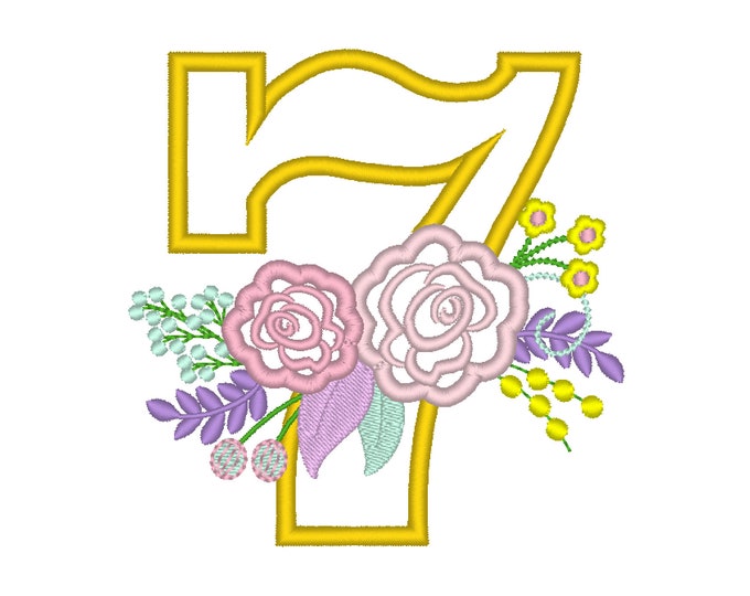 Farm Birthday number country style vintage french floral crown barn number SEVEN 7 machine embroidery design in assorted sizes