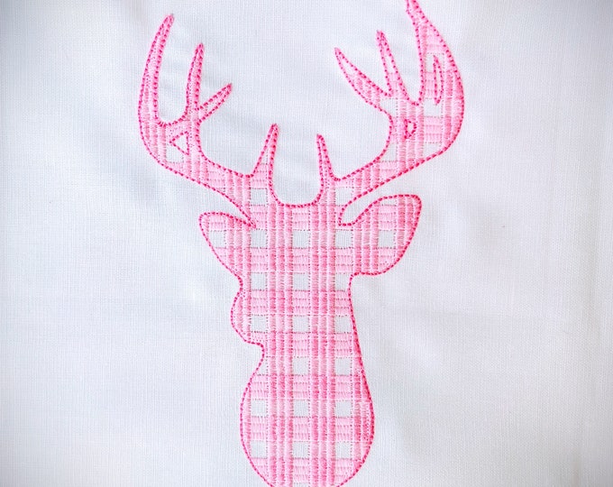 Gingham plaid tartan stitch Deer Head Silhouette machine embroidery designs 2, 3, 4, 5, 6, 7, 8 inches buck deer antlers hunter dad hunting